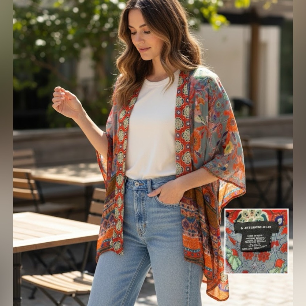 Anthropologie Multicolor Floral Paisley Open Kimono Shawl